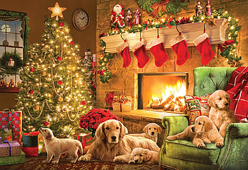 Cozy Fireplace, tree, christmas, puppys, decoration, painting, dogs HD wallpaper