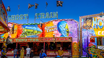 Ghost train fairground ride, Eerie ambiance, Haunting experience, Thrilling attraction HD wallpaper