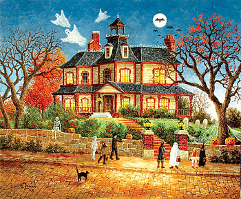 You go first !, artwork, ghosts, halloween, children, painting, moon, house, bats HD wallpaper