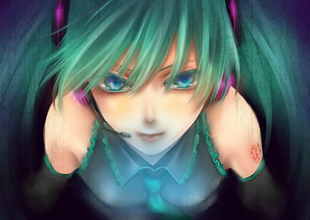 hatsune miku, tears in eyes, speaker, heads, girl, twin tails, tie, looking, anime, drawing, blush HD wallpaper