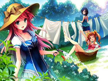 Sweet Girls... :), blue eyes, anime, garden, cute, girls, pink hair, water, friends HD wallpaper