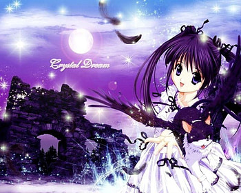 Crystal Anime, purple, dreams, feather, crystal, cat HD wallpaper