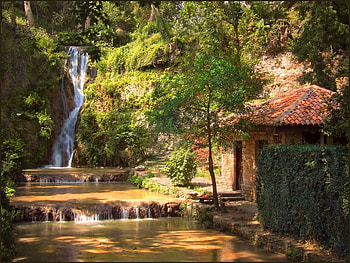 Waterfall, brown, waterfall beautiful, green, hut, trees, peaceful, grass HD wallpaper