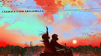 Lover Bike Ride Evening , love, couple, biker, artist, artwork, digital-art, artstation HD wallpaper