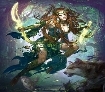 Wood Elf, wolves, tattoos, elf, forest, female HD wallpaper