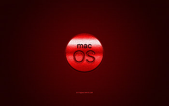MacOS logo, red shiny logo, MacOS metal emblem, red carbon fiber texture, MacOS, brands, creative art HD wallpaper