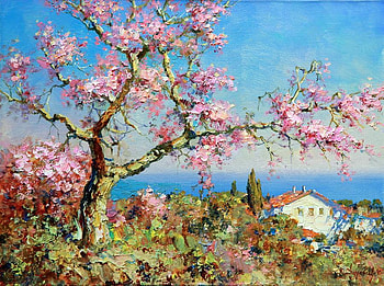 Юрий Обуховский. Миндаль цветет, painting, art, flower, house, tree HD wallpaper