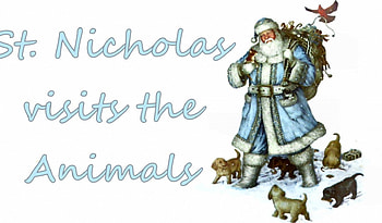 St. Nicholas and the Animals, winter, dogs, avian, occasion, holiday, scenery, painting, snow, December, bird, art, beautiful, illustration, artwork, wide screen, Santa, Christmas, pets, canine HD wallpaper