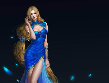 Fantasy girl, blue, black, frumusete, blonde, art, elf, dress, fantasy, game, luminos HD wallpaper