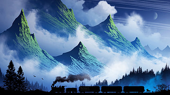 Art, Mountains, Smoke, Fog, Train HD wallpaper