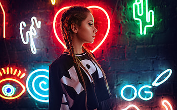 Neon Wall Behind Girl, girls, neon, heart, model HD wallpaper