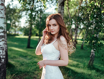 Brown eyes, brunette woman in white dress, beautiful HD wallpaper