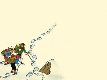Tintin au Tibet, dog, white, milou, colored, snowy, cartoon, herge, comic, cold, france, cartoons, snow, cool, tibet, funny, tintin HD wallpaper