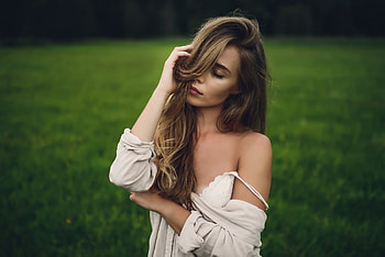 Beautiful, woman, closed eyes, grass, outdoor HD wallpaper