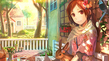 Natures love, Red, Hair, Hare, Nature, Anime, Pink, Garden, Cute, Short, House, Girl, Brown, Eyes, Bunny, Rabbit HD wallpaper