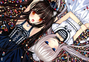 Vanilla and Chocola, chocola, cute, long hair, dress, beauty, stunning, sexy, sweet, blue eyes, sweets, hot, beautiful, catgirl, beauties, anime girls, candy, neko, nekos, animal ears, pretty, catgirls, vanilla, white hair, brown hair, blushing, blush HD wallpaper