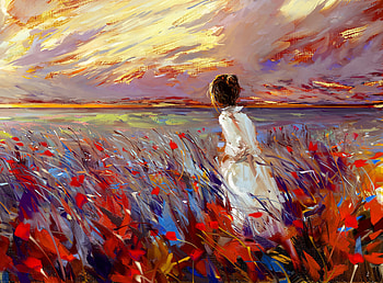 Flowers, Grass, Art, Bright, Field, Girl HD wallpaper
