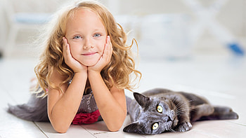 Cute Little Girl Is Holding Face With Both Hands Lying Down On Floor Near Cat Cute HD wallpaper