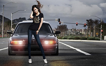 girl with bmw, asian girl, black, model, girl and cars, asian, car, cars, cute, bmw740, girl, black bmw, bmw, fantasy, bmw and girl, road, enjoy HD wallpaper