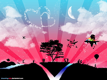 A World Of Love, pink and blue sky, hearts, clouds, vector, hot air balloon, floating island, people HD wallpaper
