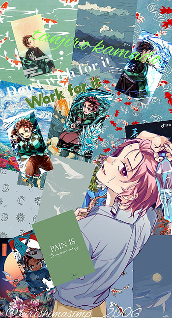 Tanjiro kamado, green, blue, cute, anime, ds HD phone wallpaper