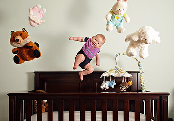 Flying baby with toys, toys, fun, baby, cute, happy, funny HD wallpaper