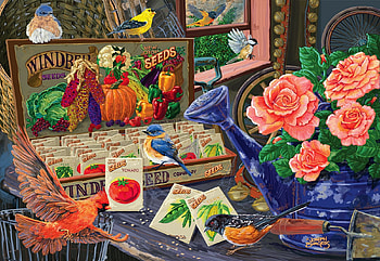 Seed Box, artwork, table, flowers, window, painting HD wallpaper
