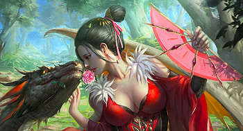 Dragon's Kiss, art, , parasol, girl, woman, digital, fantasy, pretty, hug, dragon, friends HD wallpaper