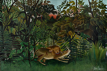 Henri Rousseau - The Hungry Lion Attacking An Antelope (1905), Animal, forest, artistic, painting HD wallpaper