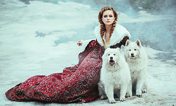 Woman With Wolves, winter, model, wolves, graphy, woman, beauty, snow, Lady, lovely HD wallpaper