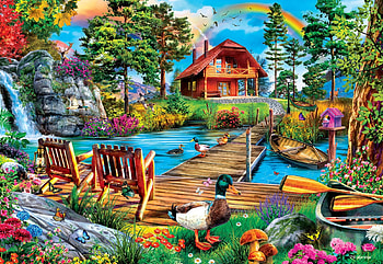 Island Cabin, boats, waterfall, pier, trees, flowers, river, mushrooms, butterflies, chairs, ducks, painting HD wallpaper