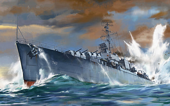 USS Southerland, DD-743, American destroyer, United States Navy, Gearing-class destroyer, World War II, drawings of warships, USA HD wallpaper