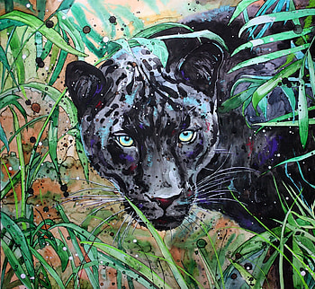 Grass, black panther, animal, art HD wallpaper