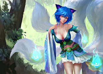 Ahri, blue, white, art, girl, fox, fantasy, green, league of legends, game, xck, nine tails HD wallpaper