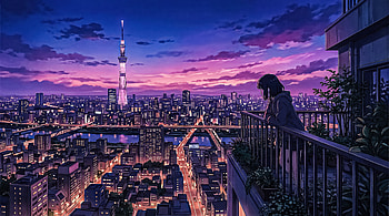 Anime Girl Looking At Violet Hour Tokyo, anime-girl, violet, tokyo, city, purple, sky, tower, artist, artwork, art, digital-art, ai, deviantart HD wallpaper