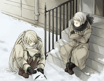Snow, winter, Russia aph, Hetalia Axis Powers, two boys, Prussia aph, short hair, male, coat, aph, Hetalia, boys, guys, boy, anime, scarf, manga HD wallpaper