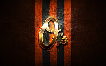 Baltimore Orioles emblem, MLB, golden emblem, orange metal background, american baseball team, Major League Baseball, baseball, Baltimore Orioles HD wallpaper
