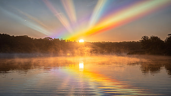Prismatic Dawn — Sunrise, Lake HD wallpaper
