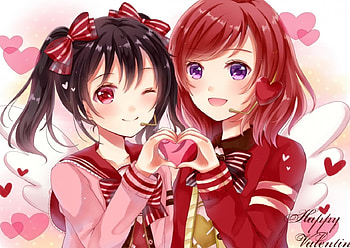 Happy Valentine, long hair, dress, beauty, twintails, hearts, sweet, white, soft, girl, beautiful, pink hair, black hair, anime girl, pink, anime, pretty, red, friendship, friend, lovely HD wallpaper