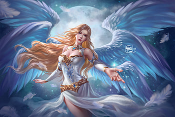 Lauriel, blue, wings, frumusete, gorgeous, girl, angel, superb, crystalrain, fantasy, moon, crystal rain, luna, luminos HD wallpaper