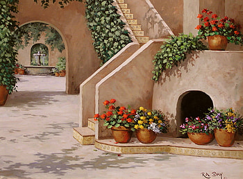 Archway fountain , stairs, door, courtyard, fountain, archway, vines, flowerpots HD wallpaper