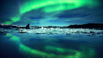 Northern Lights Aurora Borealis Glacier Mountains Reflection On Water Nature HD wallpaper