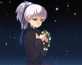 Yin, silver hair, black, gloom, cute, floral, long hair, dress, darkness, flower, sparks, , female, sexy, hot, girl, dark, sad, star, anime girl, anime, white hair, darker than black HD wallpaper