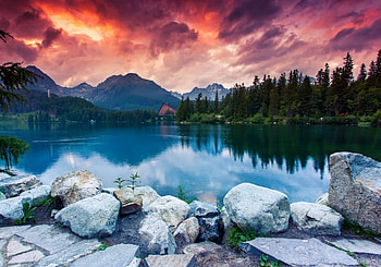 Tatra Mountains, Slovakia, clouds, trees, colors, sky, rocks, lake, sunset HD wallpaper