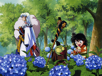 The Traveling Trio, sesshoumaru, jaken, inuyasha, rin, flowers HD wallpaper