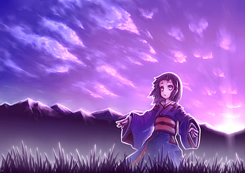 Violet Dawn, japanese clothes, kimono, cute, beautiful, beauty, anime girl, purple, pretty, violet, clouds, sky, loli, stunning HD wallpaper