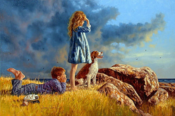 A Golden Moment, dog, children, morning, painting, clouds, sky, sunrise HD wallpaper