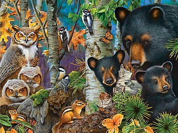 Family Gatherings, owls, bears, forest, cubs HD wallpaper