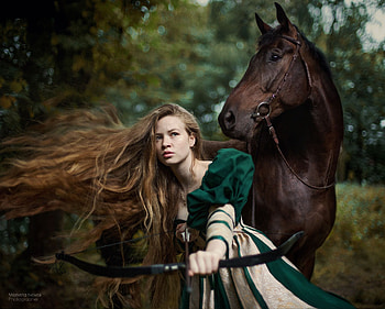 Archer, horse, model, green, cal, girl, princess, woman, marketa novak HD wallpaper
