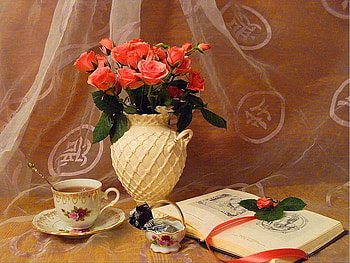 Still life, tea, roses, vase, cup, nice, pretty, coffee, flowers, lovely HD wallpaper